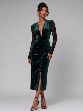 ASOS Emerald Green Velvet Midi Dress with Black Lace Sleeves